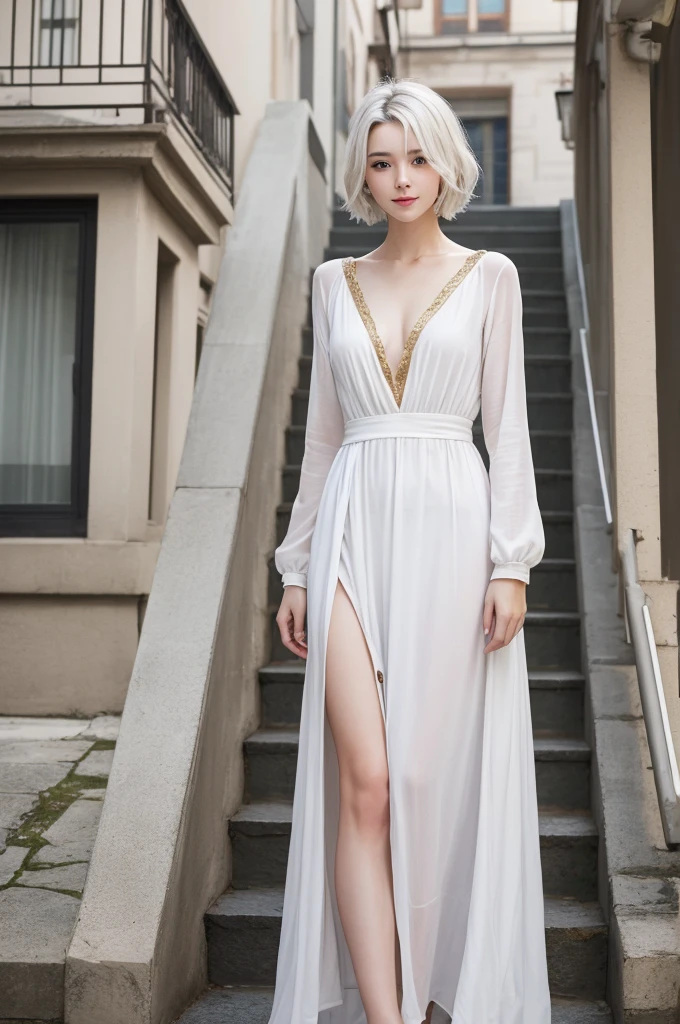 Highest quality、masterpiece、超High resolution、(whole body,Realistic:1.3)、RAW Photos、(One girl,Small breasts), Beautiful Face, (Realistic Face,Detailed facial expressions,smile), (White Hair、short hair:1.3), Beautiful Hairstyles, Realistic eyes, Beautiful fine details, (Realistic Skin), Beautiful Skin, (Long dress with long sleeves,Stylish trendy fashion), Confused, charm, 超High resolution, Ultra-realistic, High resolution, Golden Ratio、Standing on the stairs,European cityscape,Mr.々Posing,Shooting from below,