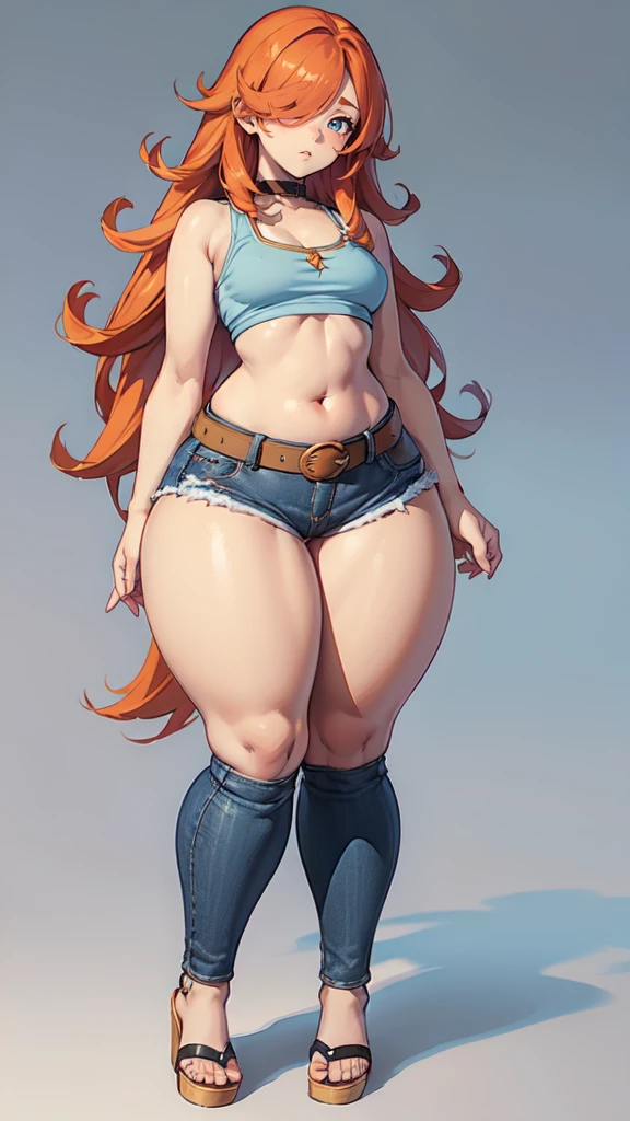 blank background, (((full body))), (masterpiece), ((best quality)), (very short girl), ((flat chest)), hair over one eye, (wide hips:1.4), ((thick thighs:1.5)), (blue jeans), sandals, belt below navel, fanny packs, ginger hair, from behind