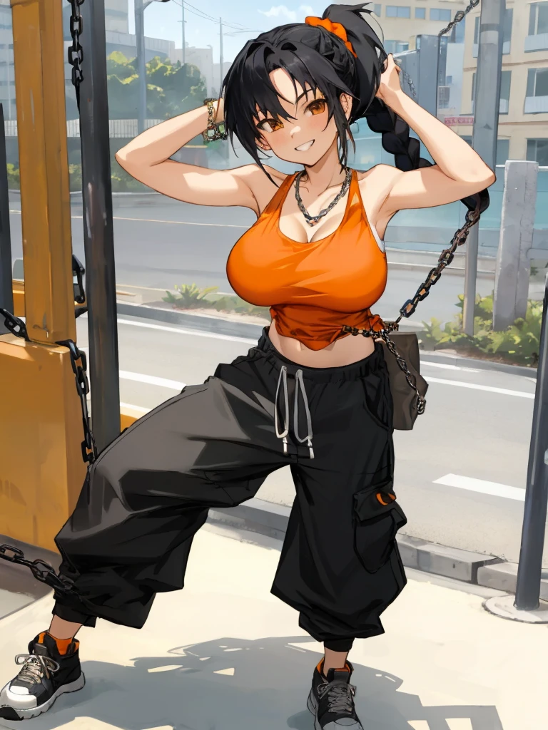 1girl, orange tank top, black hair, outdoors, baggy pants, shoes, chain necklace, looking at viewer, grin, big breasts, braided ponytail