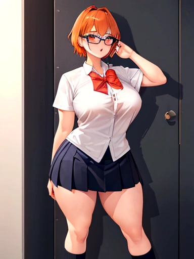 sexy pose there is a woman in a Short skirt and a shirt posing, high socks, a Surreal , Surreal , real high school girl, photorealistic rendering of anime girl, Realistic whole body, sakimichan hdri, figura completa Surrealista, photorealistic perfect body, pose casual, seductive anime girl, soft anime cg art, from girls frontline anime girl perfect body in a very Short skirt and a bow tie posing, a Surreal , real high school girl, Surreal , short full length portrait!, anime full body illustration, April rendering, The tenacity of the blue reflection, wearing a skirt, wearing a skirt, cute 3d anime girl rendering, full body illustration, Hugeなchest, super Short skirt, a shy girl, wearing glasses, Orange hair, panties, mini skirt, Short skirt, very Short skirt, split button, Thick, Masterpiece of sexy pose,of the highest quality,best illustrations,Very detailed,1 girl,alone,,attractive,blush, Huge chest,short hair, orange hair, Big,((Huge_chest))),