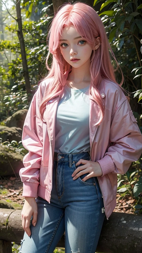 thirteen-year-old girl with pink hair, green eyes, a pink jacket, white sleeves, a red shirt and blue jeans in the forest