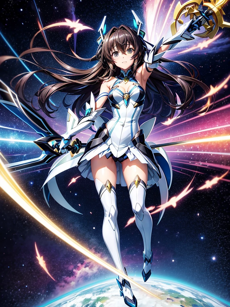 Highest quality,Highest Resolution,A beautiful girl in a metallic high-leg outfit, like Tsubasa Kazanari from Symphogear,Earth Behind,universe,Milky Way,Black Hair,Sword1I have it in my hand,