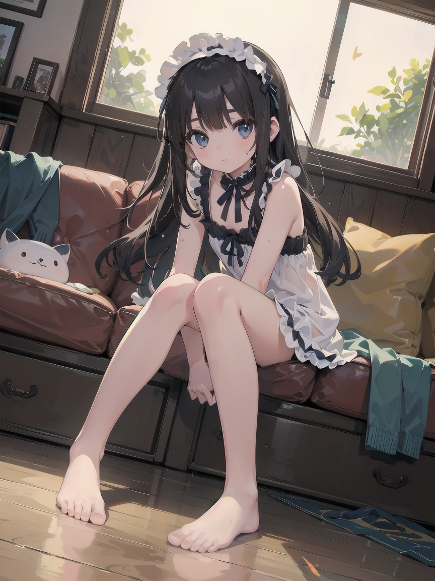 Very cute girl:1.1,,Gothic Lolita:1.8,D Angle Shot,shot from the ground,Low Angle,Full Body Shot,Medium Shot,barefoot,living room:1.5,summer,Daytime,Long Hair,Flat Chest,Wind,Dripping Sweat:1.1,(4K)、(RAW Photos:1.2)、(realism:1.4)、(Pieces fly:1.3)、(Exquisite detail:1.2)、Delicate and beautiful details、(Eye details)、(Facial details)、(Highest quality):1.4)、 (Super Resolution:1.2)、(Highly detailed illustration)、Highest quality、Depth of written border、Wide Light、Natural Shadow Information