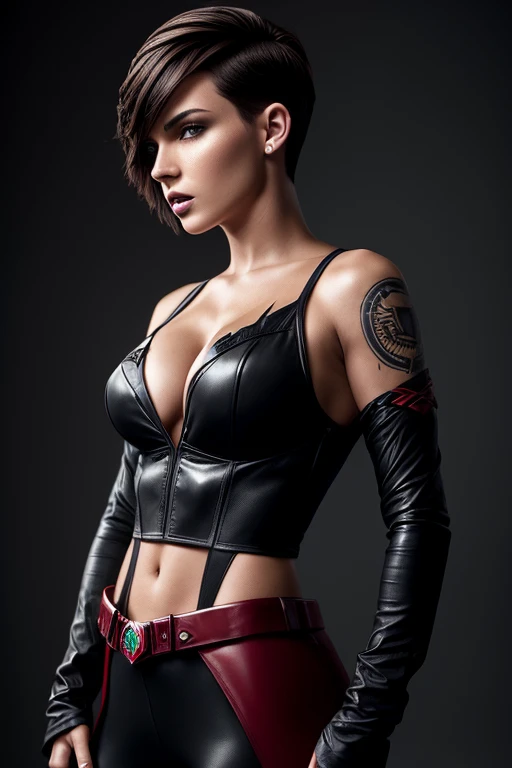 Gorgeous european woman with very short hair, short hair with fringe, wet hair, hair slicked back, combed straight back, slick hair, streaked brown hair, seductive pose, ruby rose as batgirl, torn ragged clothes, cleavage, solid dark grey background