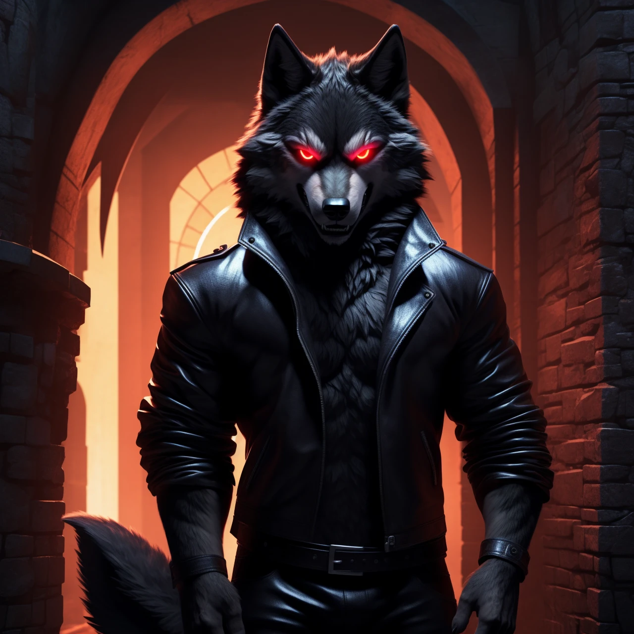 Posing, Male, 30 years old, Evil grin, black leather jacket, anthro, wolf ears, (black fur:1.5), wolf, dungeon background at night, 8k, hi res, (best quality, masterpiece), red glowing eyes, (wolf tail:1.5), detailed fur