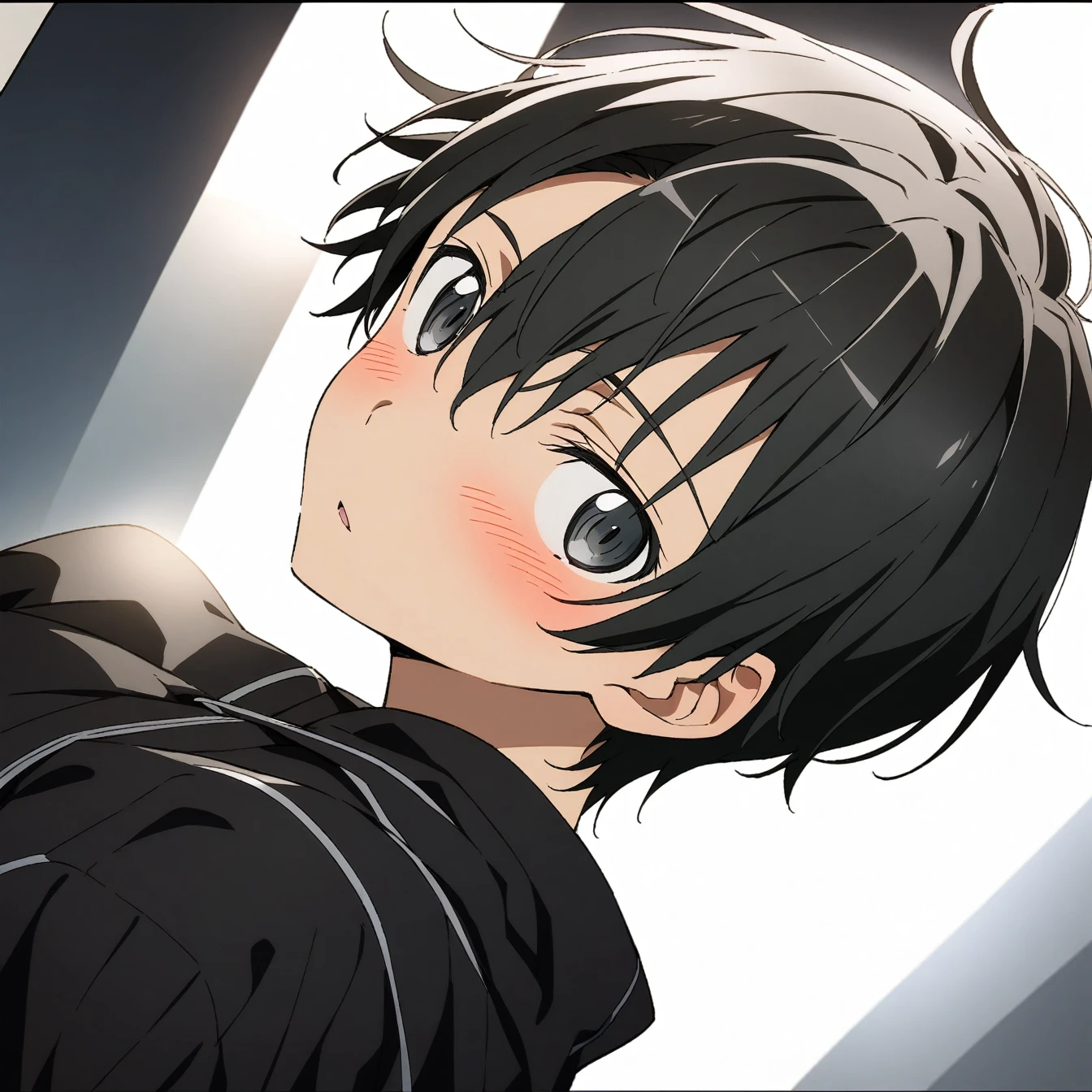 1 boy, Kazuto Kiritani,Kirito,Sword Art Online,alone, viewer, pure white background, blush, black eyes,eyes glow, breathing, avatar, half body, comic style colorless, angle, masterpiece, best quality,black clothing,