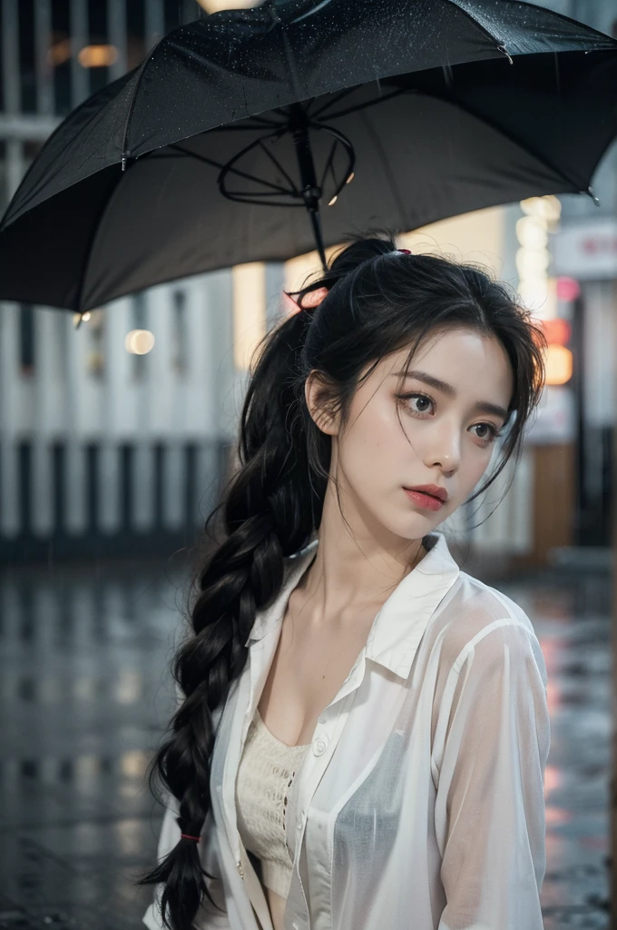 (((best quality))),(((ultra detailed))),(((masterpiece))),illustration,1girl, young,solo, slim,thin,short ponytail,small breasts,flat chest,white collared shirt,cleavage,shorts,standing,arms behind back,rainy night, heavy rain, drenched clothes, melancholy expression, solitude, tear rolling down cheek, wet hair, empty streets, dimly lit, deserted environment, sound of rain, footsteps, symbol of hope, abandoned, resilience, determination, walking in rain, heartbreak, loss, love fading, loneliness, body language, facial expression, dreary atmosphere, rain-soaked streets, somber mood, viewer engagement,((upper body,from front)),urban scape,night scene