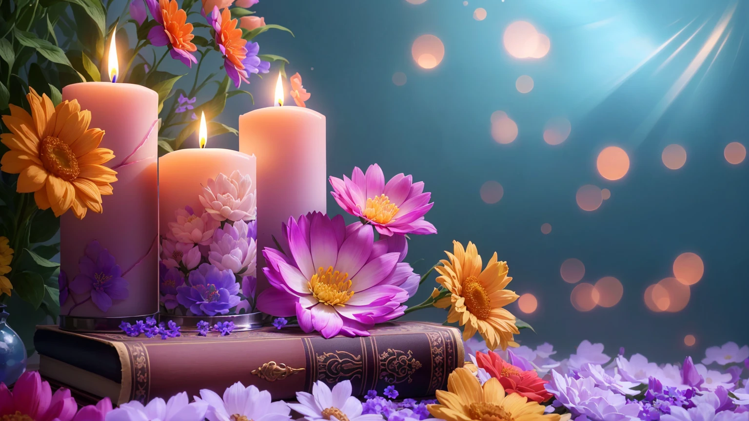 Candles and flowers are sitting on a book with a candle, books and flowers, Relaxed atmosphere, glowing Candles, Beautiful Wallpapers, Magic Flower, Glowing Flower, lit Candles, Soft glow, Floral Wallpaper, Magical colorful flowers, Peaceful atmosphere, Beautiful atmosphere, Candles, relaxed mood, Candlesライト, Romantic atmosphere, Candlesライトs, Peaceful atmosphere, lit with Candles