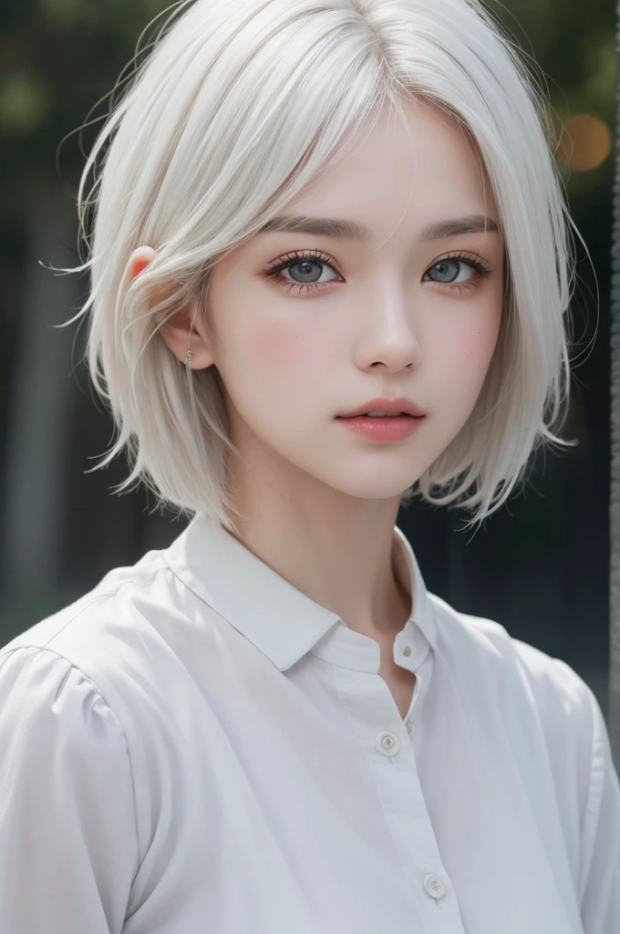 Highest quality、masterpiece、超High resolution、(Realistic:1.3)、RAW Photos、(One girl), Beautiful Face, (Realistic Face), (White Hair、short hair:1.3), Beautiful Hairstyles, Realistic eyes, Beautiful fine details, (Realistic Skin), Beautiful Skin, (shirt), Confused, charm, 超High resolution, Ultra-realistic, High resolution, Golden Ratio、Mr.々Background