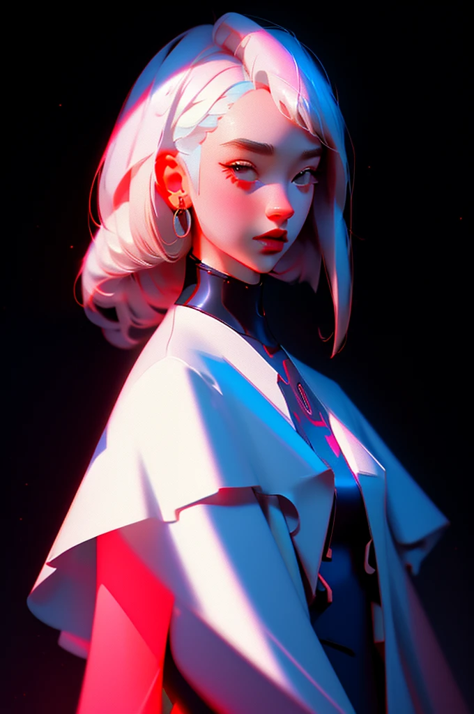 Highest quality hyper-realistic illustration, The perfect masterpiece, perfect artwork, 8k, (Upper body portrait: 1.5), (((Viewed from the front: 1.2))), lens close-up, delicate face, white hair, (hakuhatsu: 1.3), long hair, long arms, (black background: 1.3), sexy posing, big breasts, low-cut dress, red dress with gold, pearl illusion, cyberpunk ,fashion trend,3s material,high definition,detailed rendering,c4d,3d,octane rendering,ray tracing,complex details,neon lights,animated lighting,OCRenderer,8k