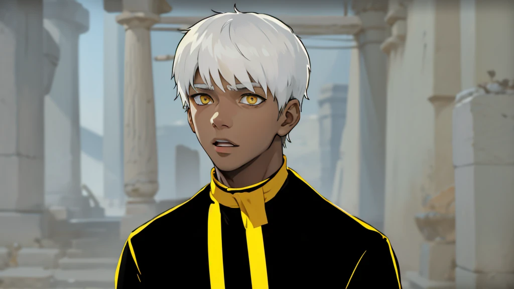 cute slim boy with white hair yellow eyes black clothes from ancient egypt is 