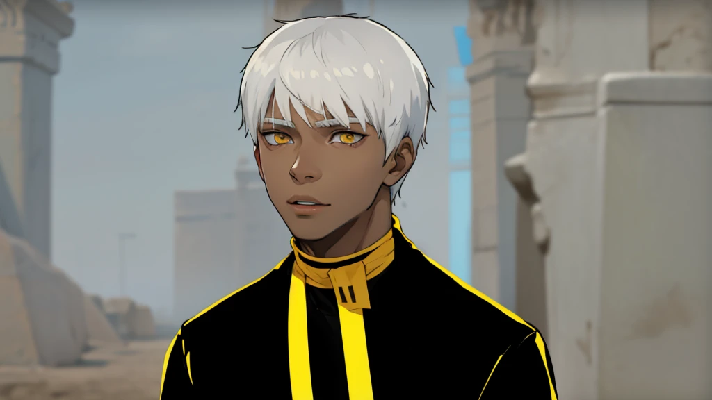 cute slim boy with white hair yellow eyes black clothes from ancient egypt is 17 years old
