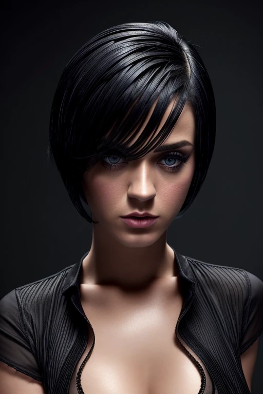 Gorgeous european woman with very short hair, short hair with fringe, wet hair, hair slicked back, combed straight back, slick hair, streaked black hair, seductive pose, katy perry, torn ragged clothes, cleavage, solid dark grey background