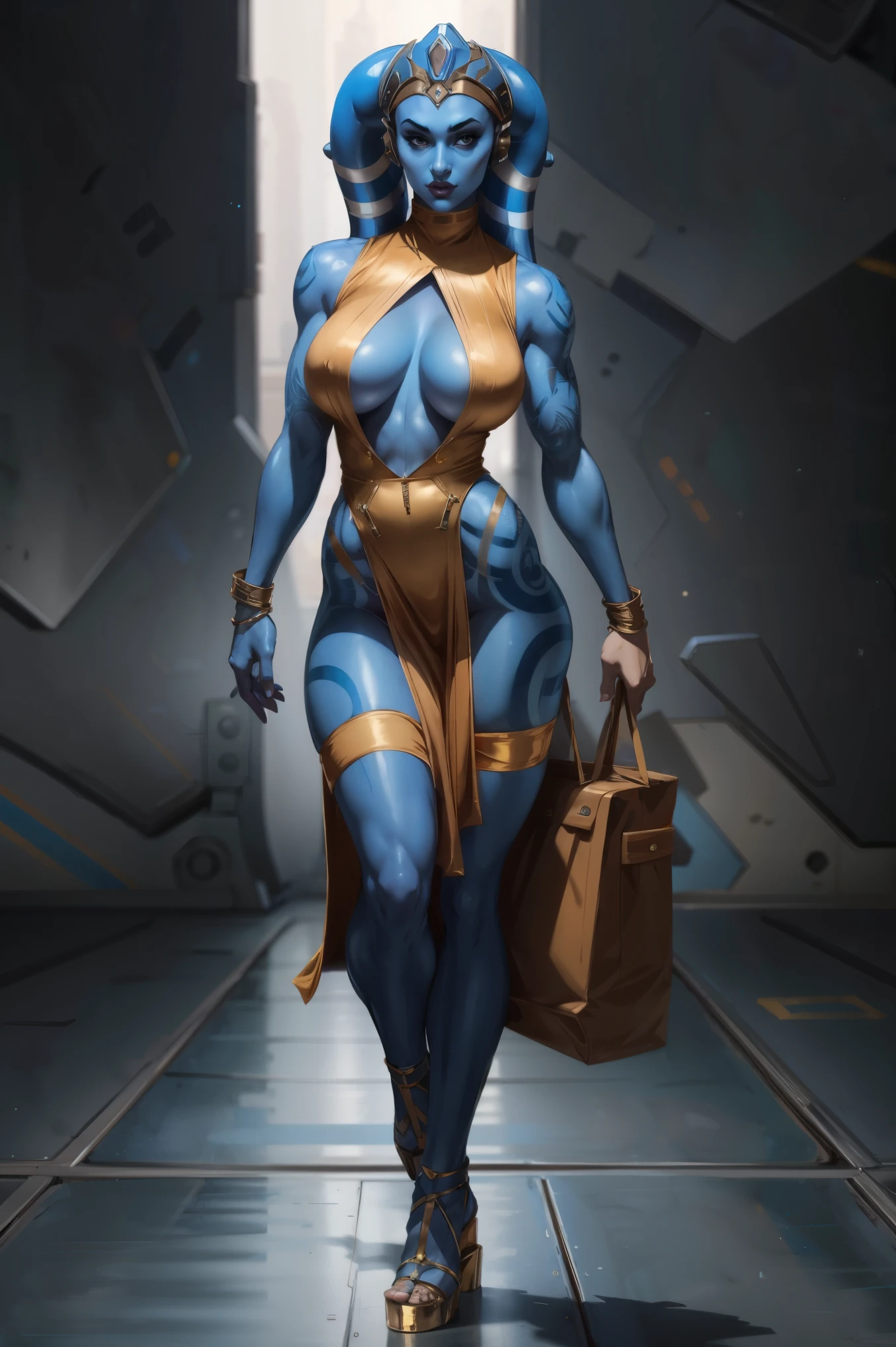 Tall Blue Skin Twi'lek with (huge breasts) wearing a tight short gold minidress, short dress, miniskirt, high neck, sleeveless, (keyhole cleavage), tattoos, huge breasts, cleavage, tall, graceful, (tall, long legs), toned, slim hips, small waist, full-body shot