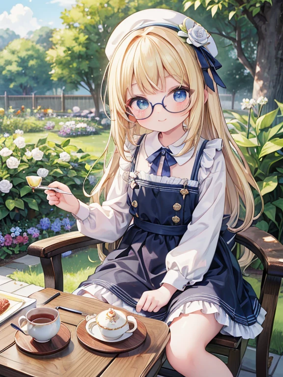 (8K, Highest quality, tableトップ:1.2)、Ultra-high resolution、7--old l, Perfect Fingers, Detailed face, smile, blue eyes, Glasses, Blonde, Long Hair, Braid, Blue Apron Dress, garden, flower bed, table, tableクロス, Black tea, Tea cup, cake, Sit on a chair, Black teaを飲む