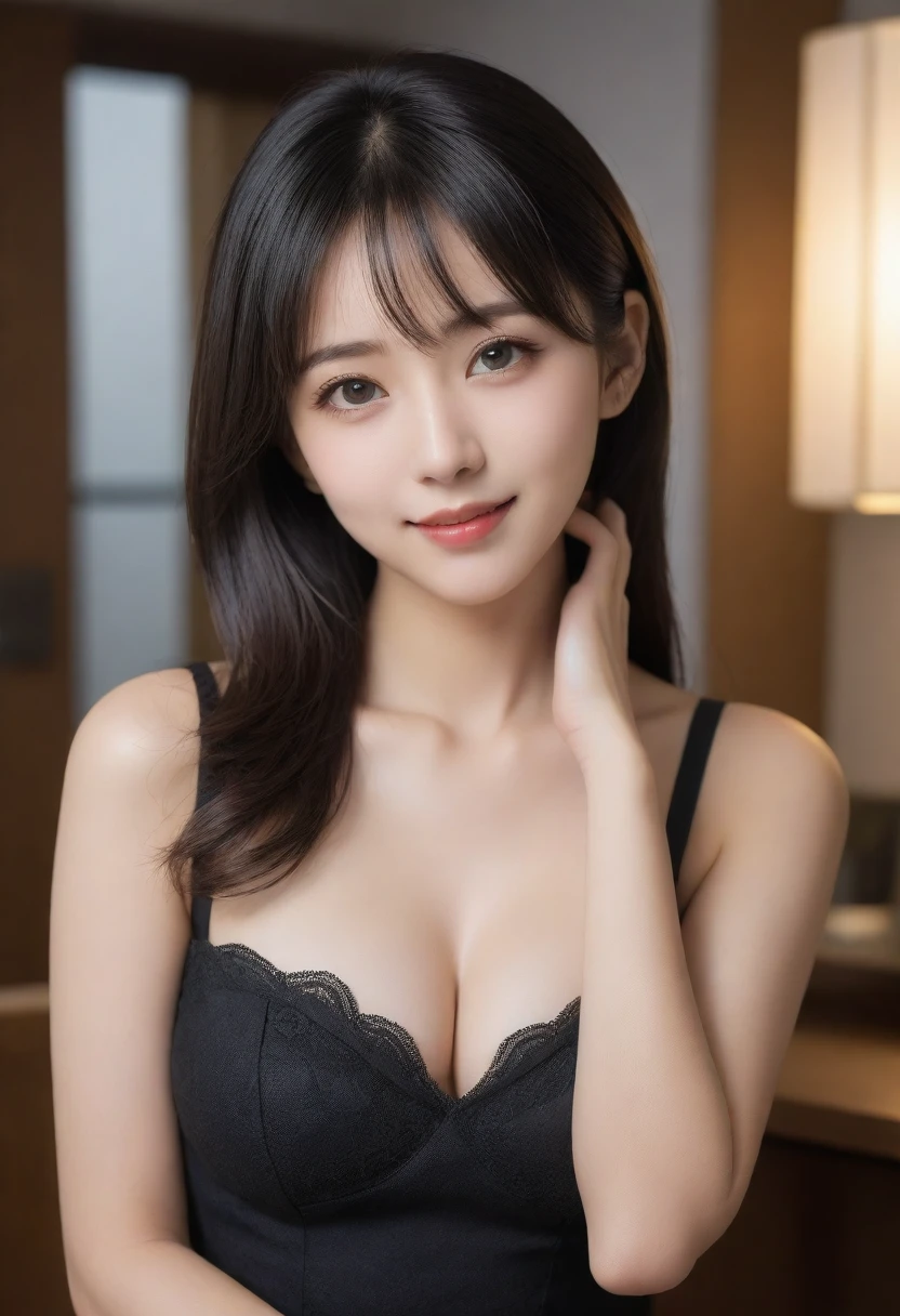8K, Ultra-high resolution, Highest quality, masterpiece, 三分割法によるphotograph,Surreal, photograph, 1 Girl, (:1.3), pretty girl, Cute face, Beautiful eyes in every detail, 細かくdetailedに,masterpiece,, One Girl:1.2, Japan Female Announcer,whole body,Young Wife,カールしたBlack Hairのゴシック女性, black eye,Pencil Skirt, Short blouse with a sweetheart neckline, Black lipstick,A carefree smile,Heal the heart,Black Hair,Looking at the audience、beauty,Long neck、Laugh a little、Please close your mouth and laugh、(((Ideal body type))),A cup small breasts :2,、Portraiture:2、Perfect Anatomy、鮮明なdetailed、detailed、Surreal、Light and shadow,Strong light