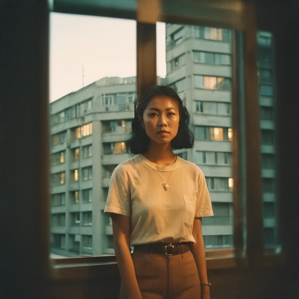 Vintage Photograph, young asian Woman Portrait, Analog Film, Wearing trendy 1970s clothes and haircut, Soft Lighting, standing behind a window, Rule of Thirds Composition, Visible Grain, Shallow Focus,
,analog, AnalogRedmAF,