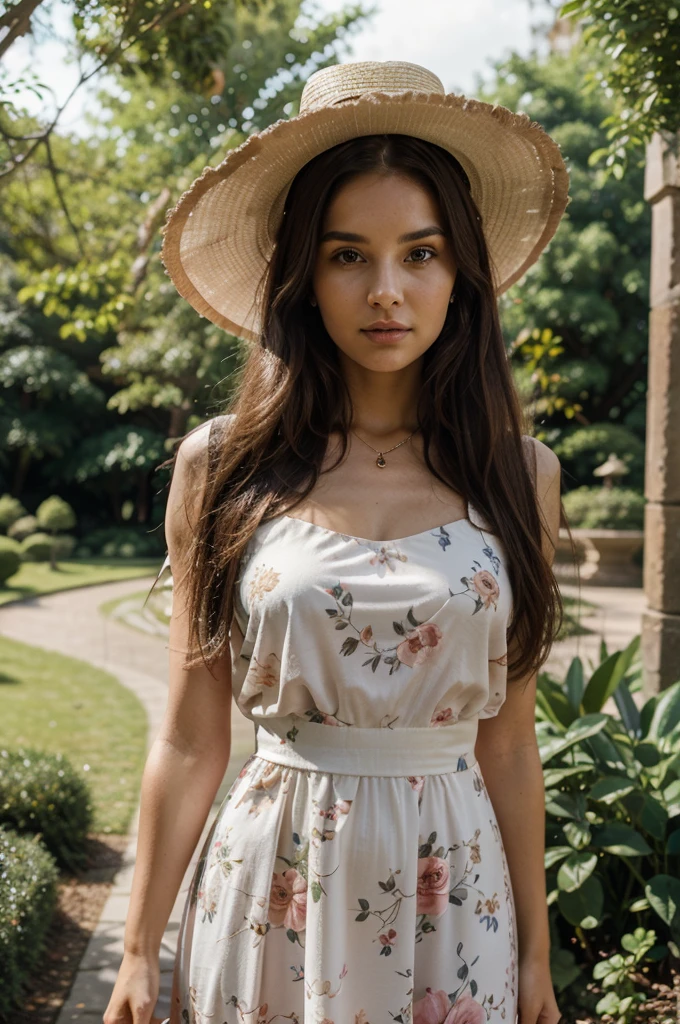 1girl in, 30 years old, Square face, Long hair, Looking at viewer, jewelry, Reality, Sexy, in a flowing A-line, floral dress complemented by a wide-brimmed hat, in a picturesque park or botanical garden