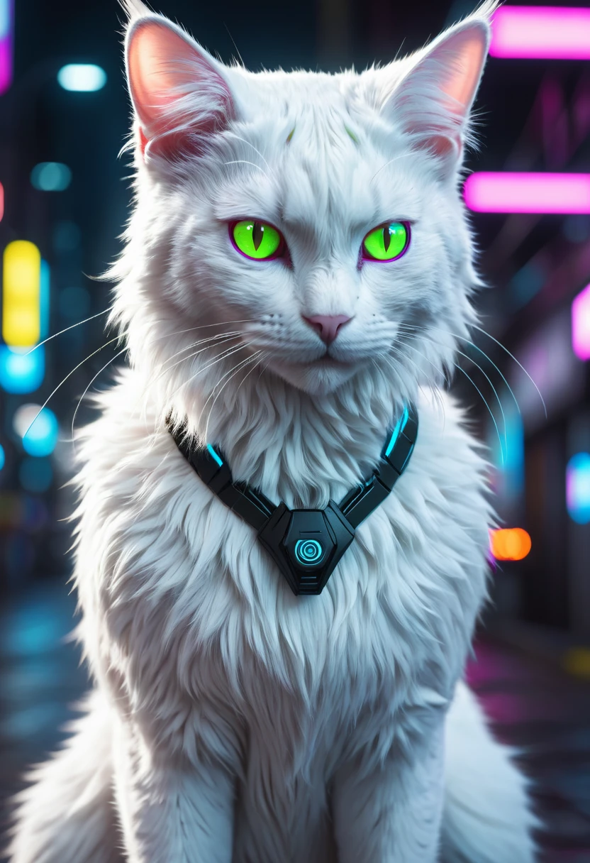 High quality, Extremely detailed, Cyberpunk white cat, ((furry)), neon, High resolution, brighting eyes, ((full body)), Cinematic shots,