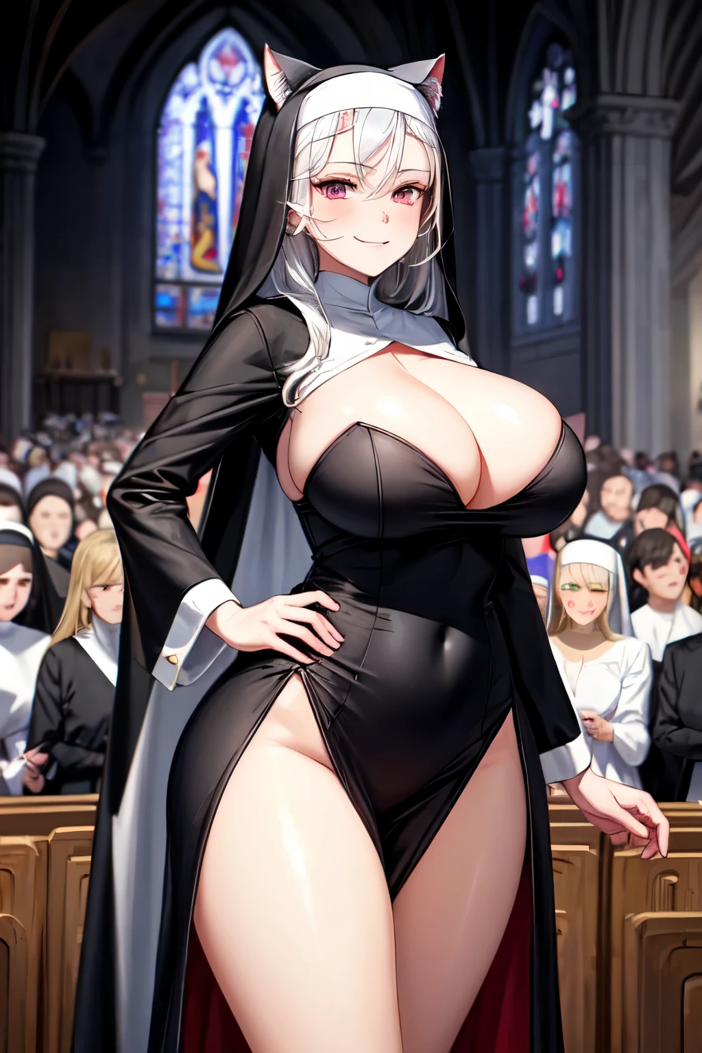 ((best quality)), ((masterpiece)), (detailed), 2 people, perfect face, white hair, white cat ears, white cat tail, gigantic breasts, thick thighs, glowing maroon eyes, smirking, sexy nun outfit, veil behind head, church background, cleavage visible, standing in front of crowd of people