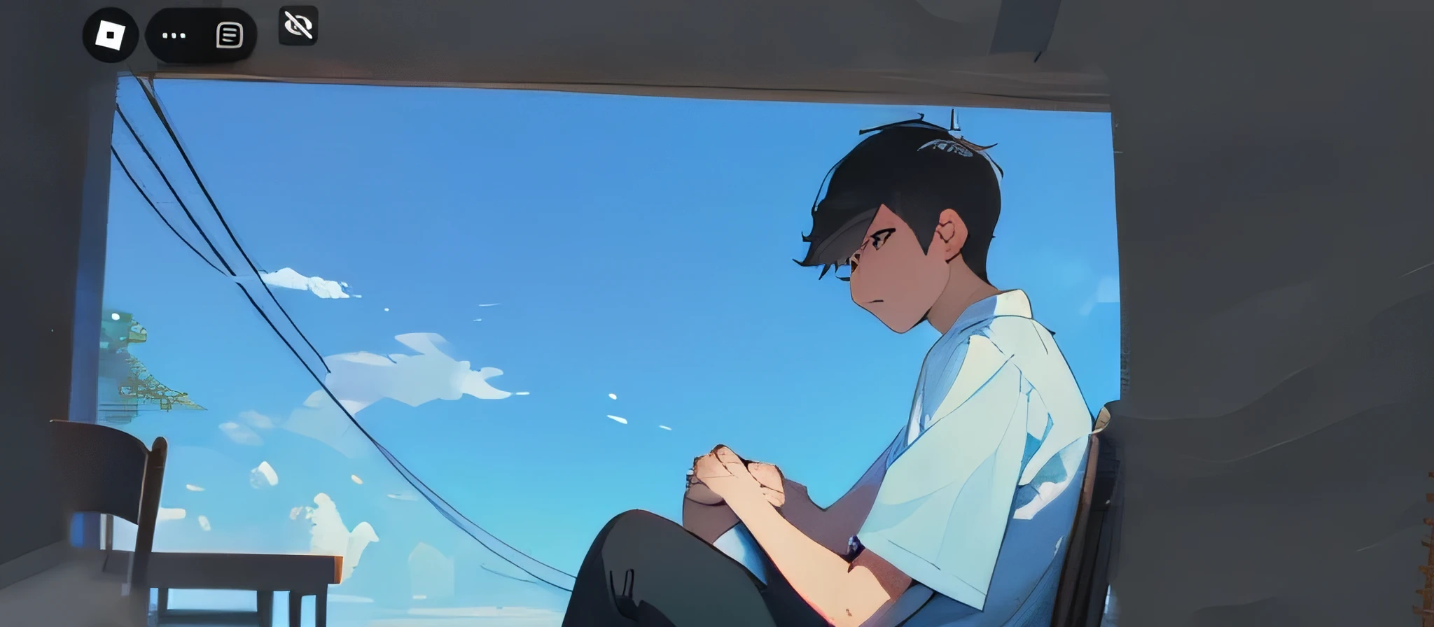 Karamatsu sitting on a chair with a pretty sky behind him while he looks bored