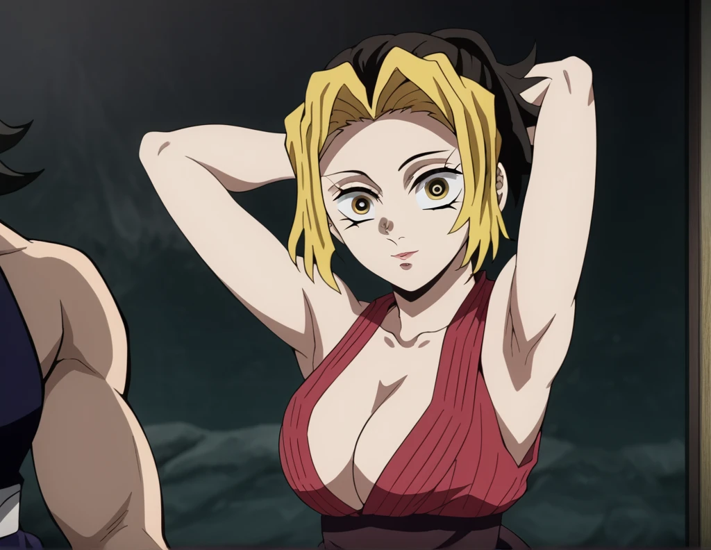 Makio from demon slayer, standing in a bed room, wearing black bikini, sexy pose, arm's above showing armpits, detailed image,clear image ,4k