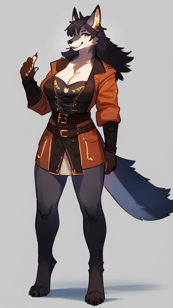 By bebebebebe, by lostgoose, by goonie-san, solo, standing, female, wolf,dragon, fuerte,sexy, hair long, blak, smiling, happy,pirate full body
