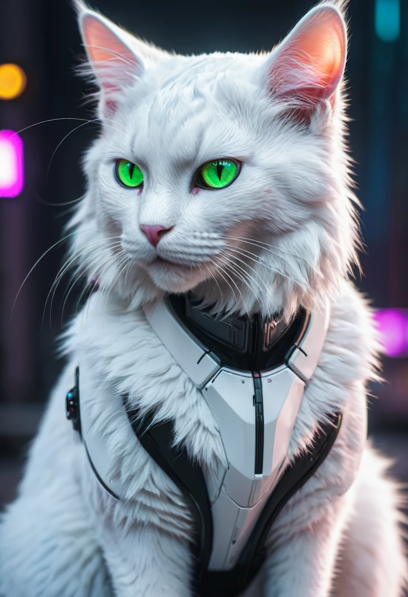 High quality, Extremely detailed, Cyberpunk white cat, ((furry)), neon, High resolution, brighting eyes, ((full body)), Cinematic shots,