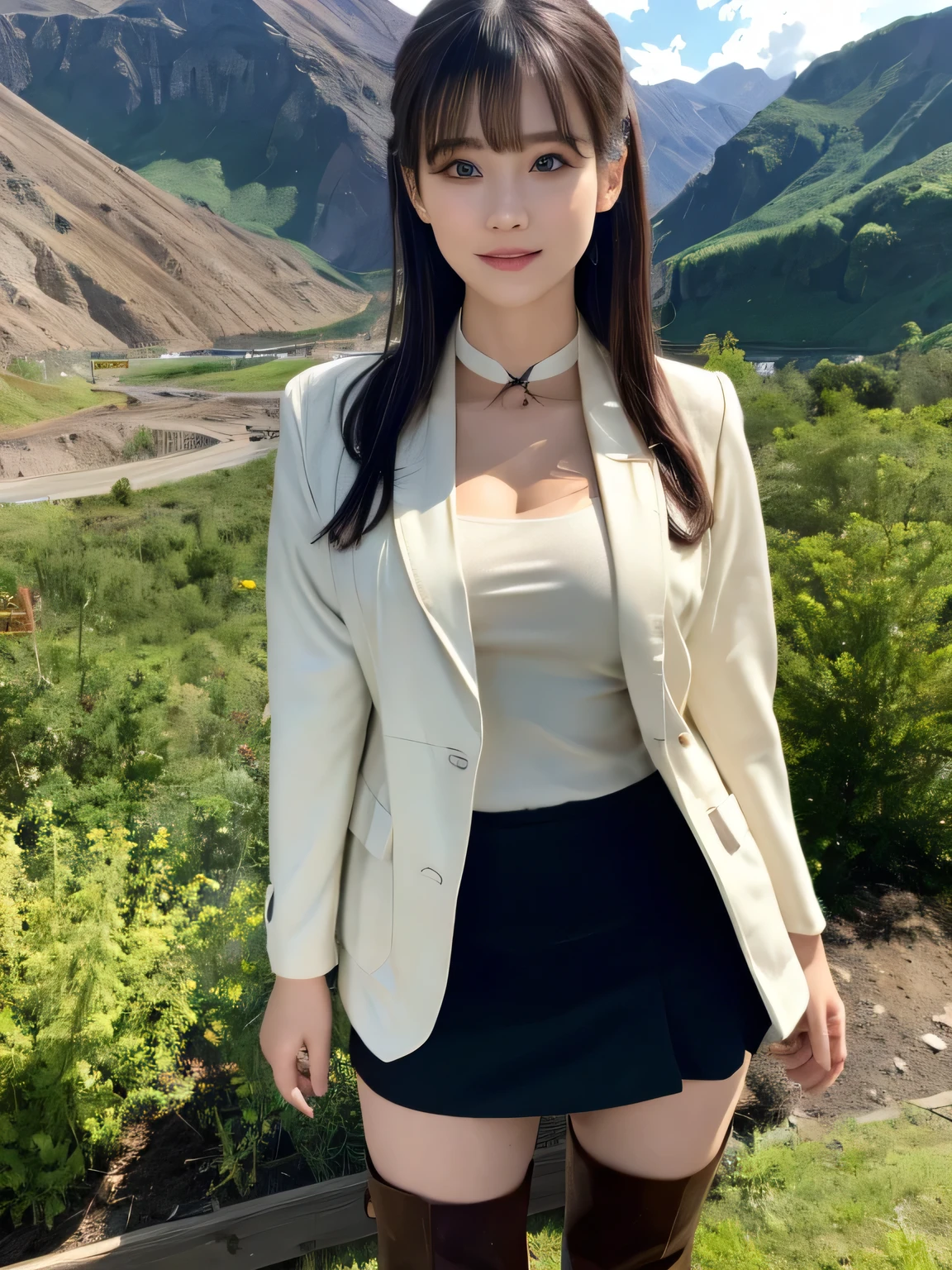 (Highest quality, masterpiece:1.3, Ultra-high resolution), (Very detailed), (Realistic:1.4, RAW shooting), ((Ivory Blazer:1.4)), ((the body is slim)), girl, Japanese, cute, Straight Long Hair, Big Breasts, Turn your body forward, (View from the front:1.1), Looking into the camera, focused on the chest, Light brown hair, ((Black Choker)), Very long and bushy eyelashes, blue eyes, bangs、Mountainous Regions, Mining sites, Person in charge of inspecting the site, blue sky, Rocky Area, mini skirt, Knee-high boots, servant, Standard clothing, document, Note