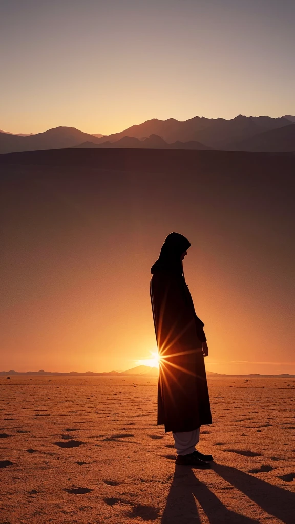 Show a Muslim individual standing tall in the middle of a vast and barren desert. Around it there are several date palm trees that are thin and dry, reflecting the drought and hardship of life. The individual appears to be in a state of surrender, with hands raised to the sky in prayer. In the background, you can see the silhouettes of towering mountains and the orange-red evening sky. "The shadow of the setting sun creates a dramatic effect, telling about resilience and spiritual strength amidst life's difficulties, in accordance with the meaning of 'Al-Mufashshal' in a religious context."