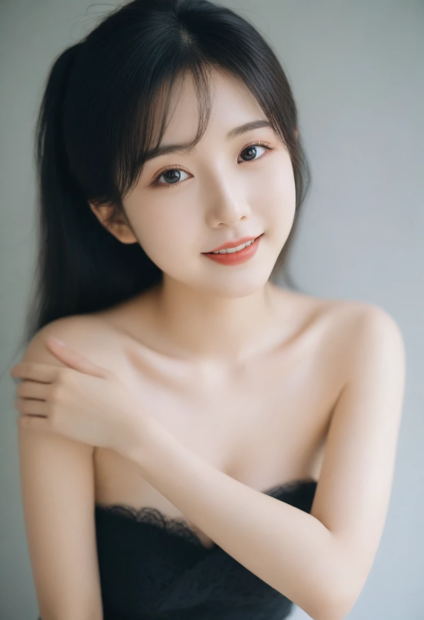 8K, Ultra-high resolution, Highest quality, masterpiece, 三分割法によるphotograph,Surreal, photograph, 1 Girl, (16 years old:1.3), pretty girl, Cute face, Beautiful eyes in every detail, 細かくdetailedに,masterpiece,, One Girl:1.2, Japan Female Announcer,whole body,Young Wife,カールしたBlack Hairのゴシック女性, black eye,Pencil Skirt, Short blouse with a sweetheart neckline, Black lipstick,A carefree smile,Heal the heart,Black Hair,Looking at the audience、beauty,Long neck、Laugh a little、Please close your mouth and laugh、(((Ideal body type))),A cup small breasts :2,、Portraiture:2、Perfect Anatomy、鮮明なdetailed、detailed、Surreal、Light and shadow,Strong light 