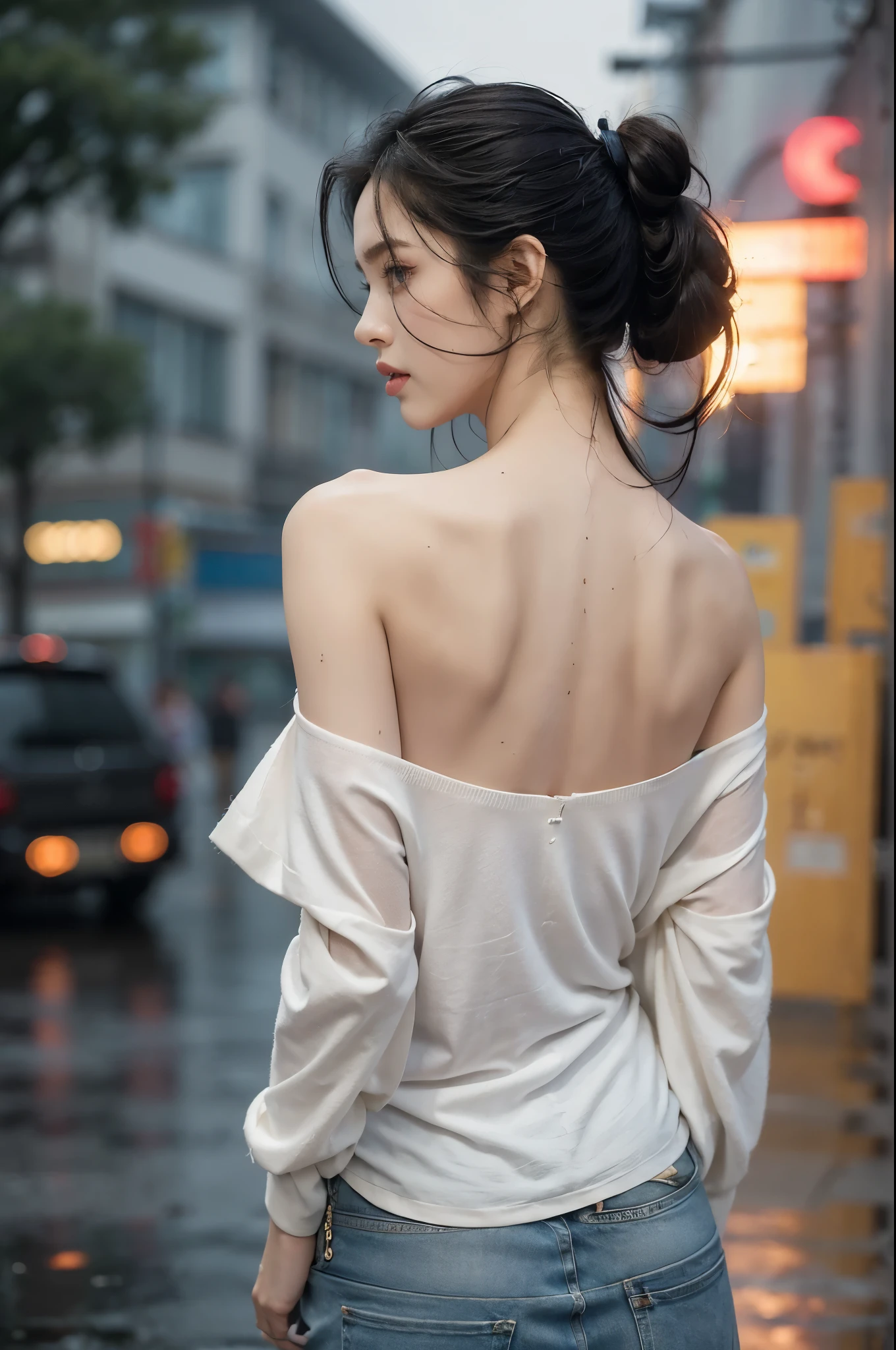 (((best quality))),(((ultra detailed))),(((masterpiece))),illustration,1girl, young,solo, slim,thin,short ponytail,((bare back,towering hips,butt crack)),((shoulder off,bare shoulder)),white shirt,shorts,standing,rainy night, heavy rain, drenched clothes, melancholy expression, solitude, tear rolling down cheek, wet hair, empty streets, dimly lit, deserted environment, sound of rain, footsteps, symbol of hope, abandoned, resilience, determination, walking in rain, heartbreak, loss, love fading, loneliness, body language, facial expression, dreary atmosphere, rain-soaked streets, somber mood, viewer engagement,((upper body,from back)),urban scape