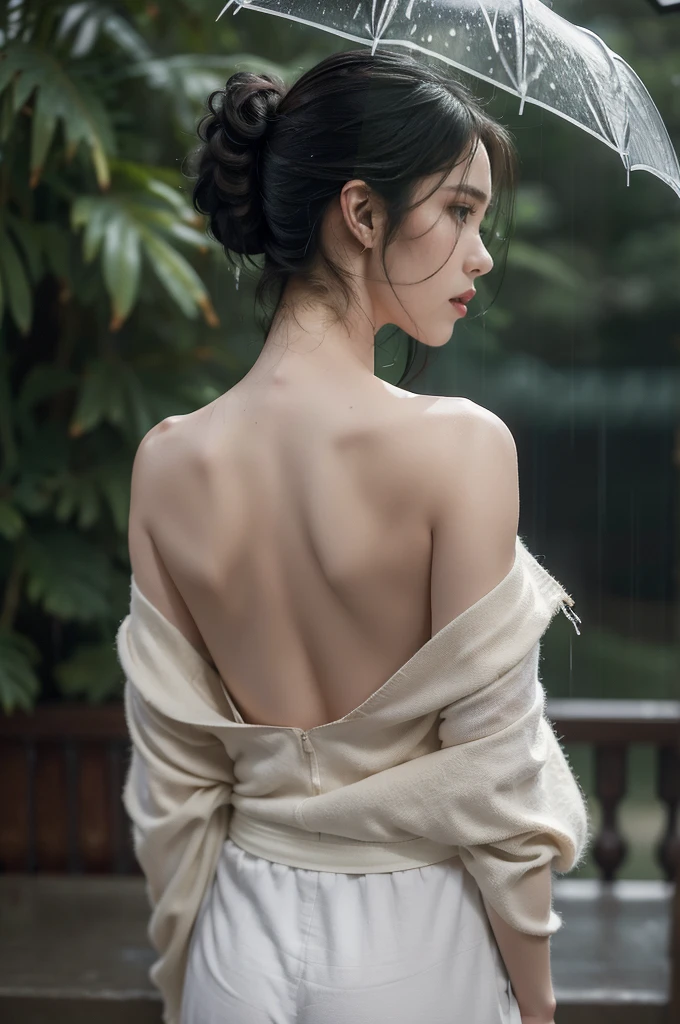 (((best quality))),(((ultra detailed))),(((masterpiece))),illustration,1girl, young,solo, slim,thin,short ponytail,((bare back,towering hips,butt crack)),((shoulder off,bare shoulder)),white shirt,shorts,standing,rainy night, heavy rain, drenched clothes, melancholy expression, solitude, tear rolling down cheek, wet hair, empty streets, dimly lit, deserted environment, sound of rain, footsteps, symbol of hope, abandoned, resilience, determination, walking in rain, heartbreak, loss, love fading, loneliness, body language, facial expression, dreary atmosphere, rain-soaked streets, somber mood, viewer engagement,((upper body,from back)),urban scape