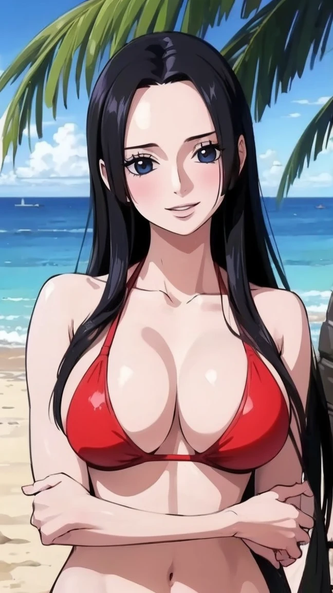 best quality, masterpiece, highly detailed,1girl, (detail light), Boa Hancock,, (masterpiece:1.5), Detailed Photo, Smiling,(8K, Photorealistic, Best Quality: 1.4), (1girl), Beautiful Face, (anime realistic Face), (Black Hair, long Hair: 1.3), Beautiful Hairstyle, Realistic eyes, beautiful detail eyes, (realistic skin), beautiful skin, absurd, attractive, ultra high resolution, ultra realistic, high definition, beach background, large breasts, red bikini