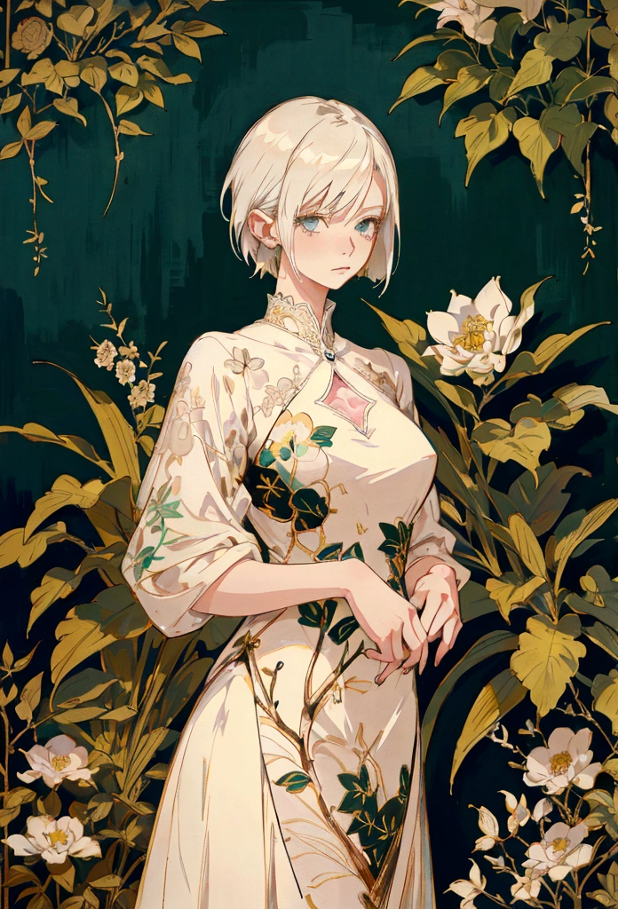 Anime Style, Short Hair, Platinum Blonde, No makeup, lady, She is wearing a beautiful embroidered silk dress., Gentle expression, Elegant, Ultra-detailed botanical references, Maximalist Botany, beautifully、Aesthetically beautiful illustration masterpiece, Topaz AI Post Editing