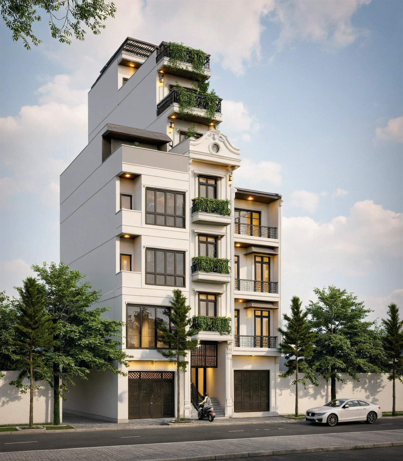 Raw photo,Masterpiece, high quality, best quality, authentic, super detail,
exterior, outdoors, house style indochine on the street ,aiaigroup
road,pavement, grass, trees, sky, cloud, (day:1.1)