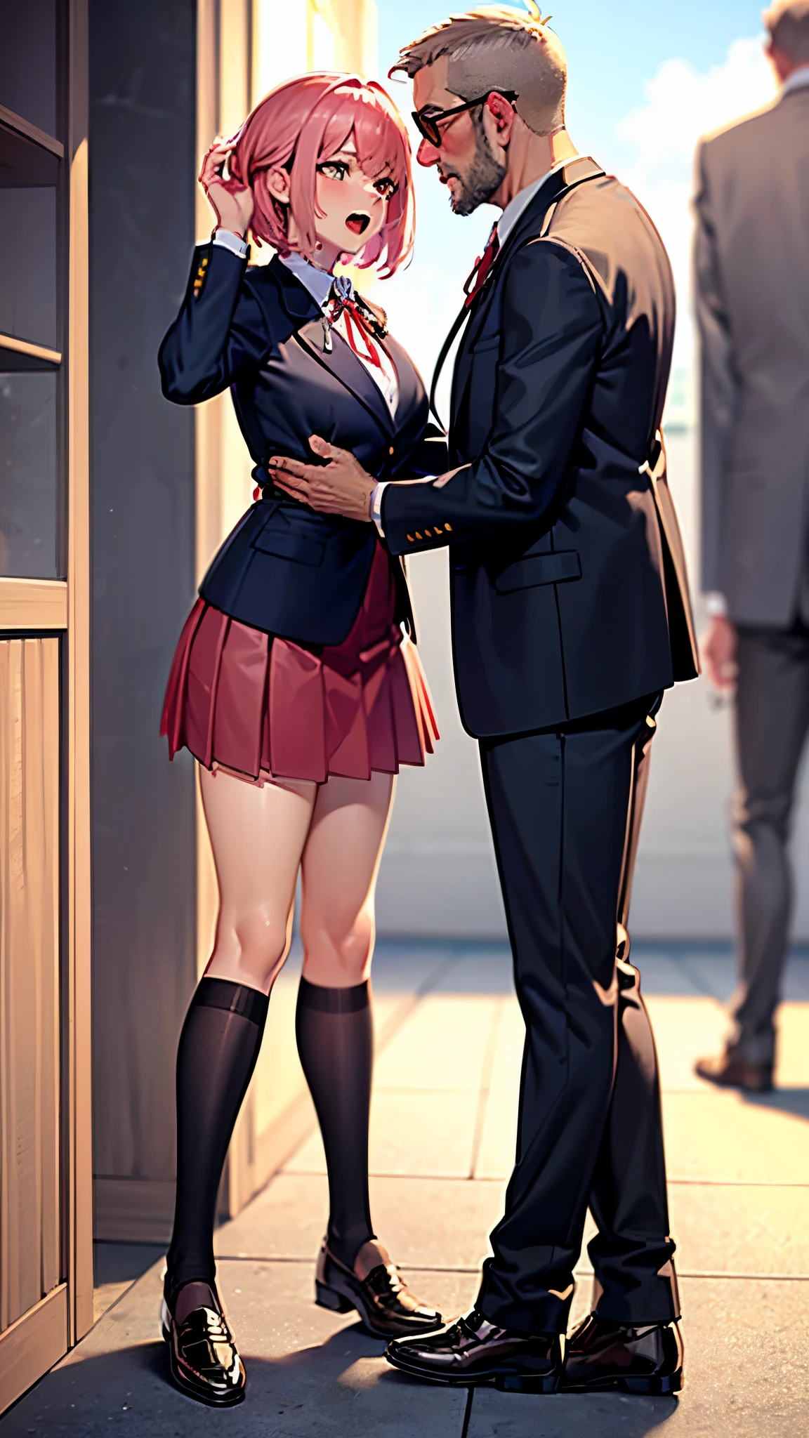 (bent over:1.3), (bentover:1.3), (female on tiptoes:1.3), from side, full body, man behind woman, 1boy, standing sex, standing doggystyle, hetero,

(1girl:perfect face, slim body, medium breasts, short pink hair, ,blazer,white shirt,red ribbon, skirt,collared shirt, shoes, loafers, open mouth, )

(1boy:ugly, dilf, mature male,hand on her head,ossan, fatman, hetero, (ugly man,:1.4) age difference, old man, )

masterpiece, best quality, absurdres, highres, 4k, ray tracing, intricate details, highly detailed,