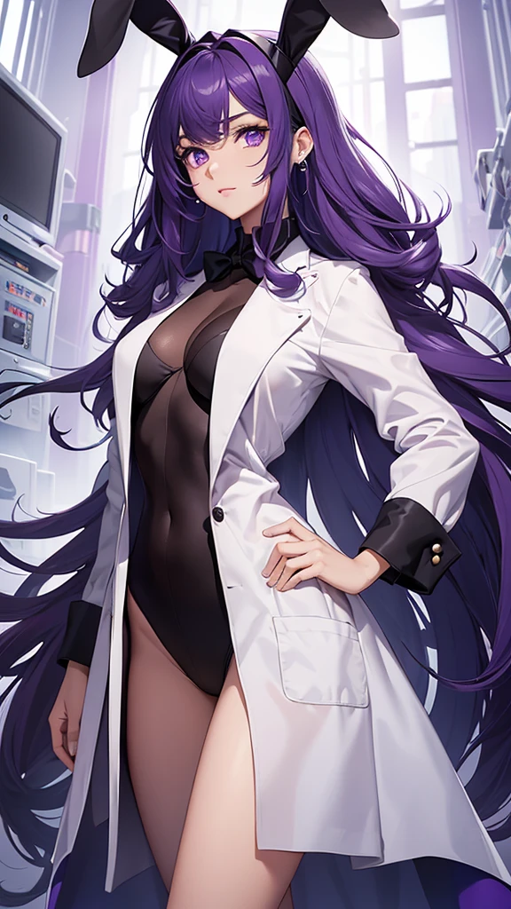 Woman;
cientist;
white labcoat;
black blouse;
Mid breasts;
purple eyes;
cabelo roxo;
(((Grandes orelhas de rabbit roxo;)))
Orelhas na cor roxa