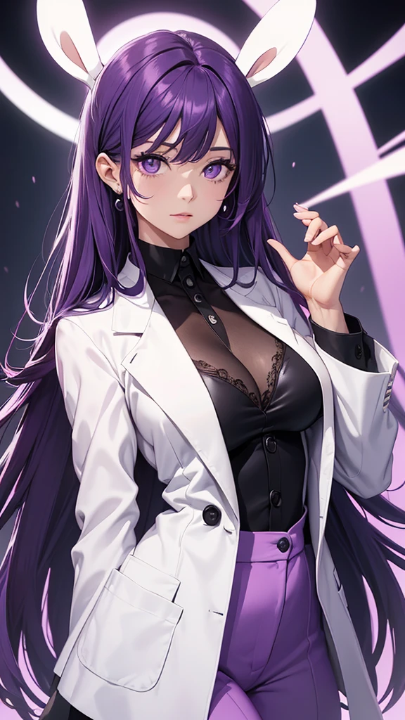 Woman;
cientist;
white labcoat;
black blouse;
Mid breasts;
purple eyes;
cabelo roxo;
(((Grandes orelhas de rabbit roxo;)))
Orelhas na cor roxa