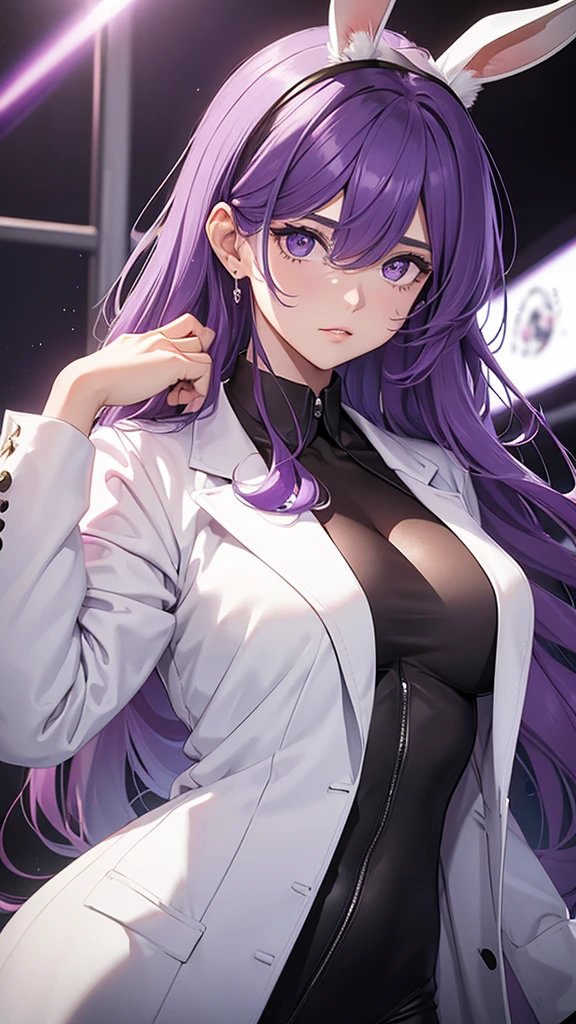 Woman;
cientist;
white labcoat;
black blouse;
Mid breasts;
purple eyes;
cabelo roxo;
(((Grandes orelhas de rabbit roxo;)))
Orelhas na cor roxa