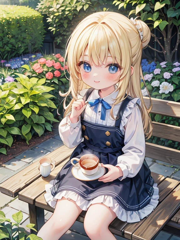 (8K, Highest quality, tableトップ:1.2)、Ultra-high resolution、, Perfect Fingers, Detailed face, smile, blue eyes, Blonde, Long Hair, half updo, Blue Apron Dress, garden, flower bed, table, tableクロス, Black tea, Tea cup, cake, Sit on a chair, Black teaを飲む