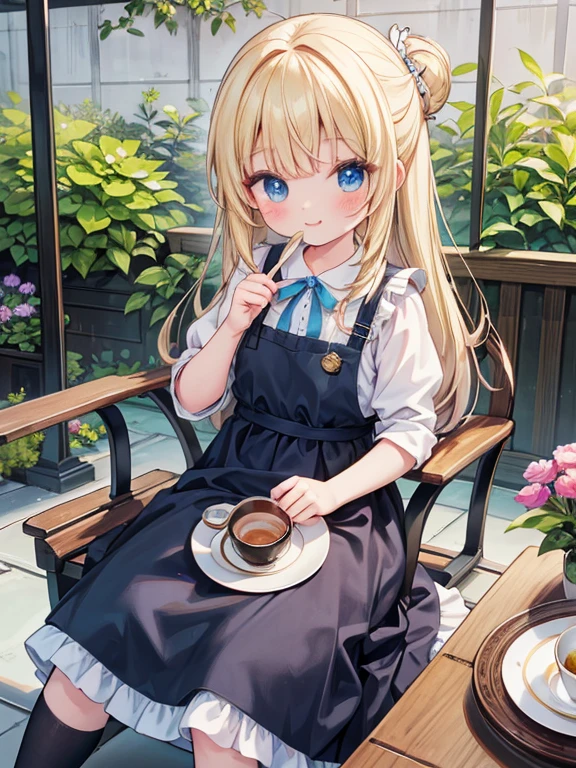 (8K, Highest quality, tableトップ:1.2)、Ultra-high resolution、, Perfect Fingers, Detailed face, smile, blue eyes, Blonde, Long Hair, half updo, Blue Apron Dress, garden, flower bed, table, tableクロス, Black tea, Tea cup, cake, Sit on a chair, Black teaを飲む
