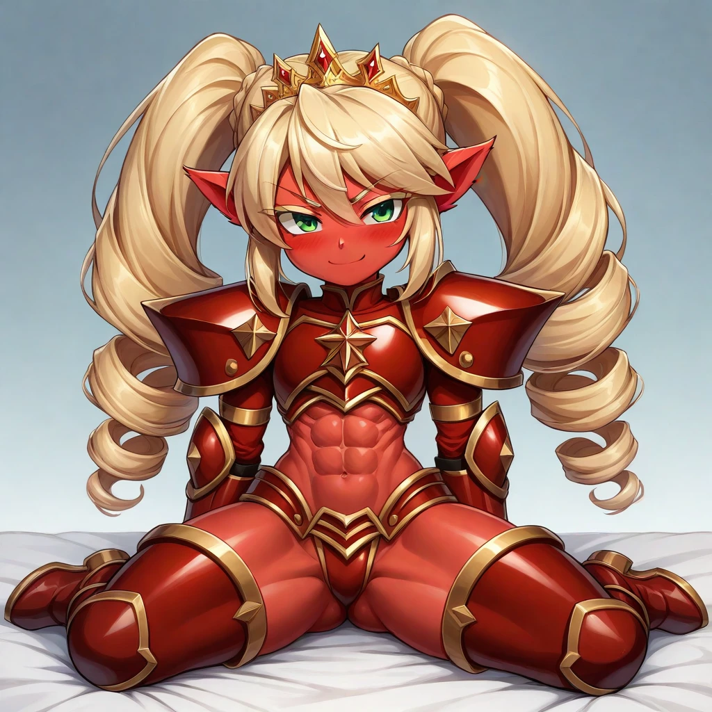 Lancer Artoria body (Alexis Texas Face), elegant adult female, blonde, green eyes (yellow eyelashes) crown, turtleneck, full body sitting on a bench, showing ass to me, RED breastplate, RED skin (1SologirlRED skin:1.2), looking at viewer, shiny, armor, thigh highs, high boots, pauldrons shoulder armor, faulds, poleyn, RED gloves gauntlets, rerebrace, RED military armored boots, yordle muscular lean platinum blonde long twin tails hairstyle at the bedroom lustful smirking smile face red blushed, blush, strong abs, female body builder, tiara, twin drills hair, (masterpiece, best quality, ultra detailed, best shadow)