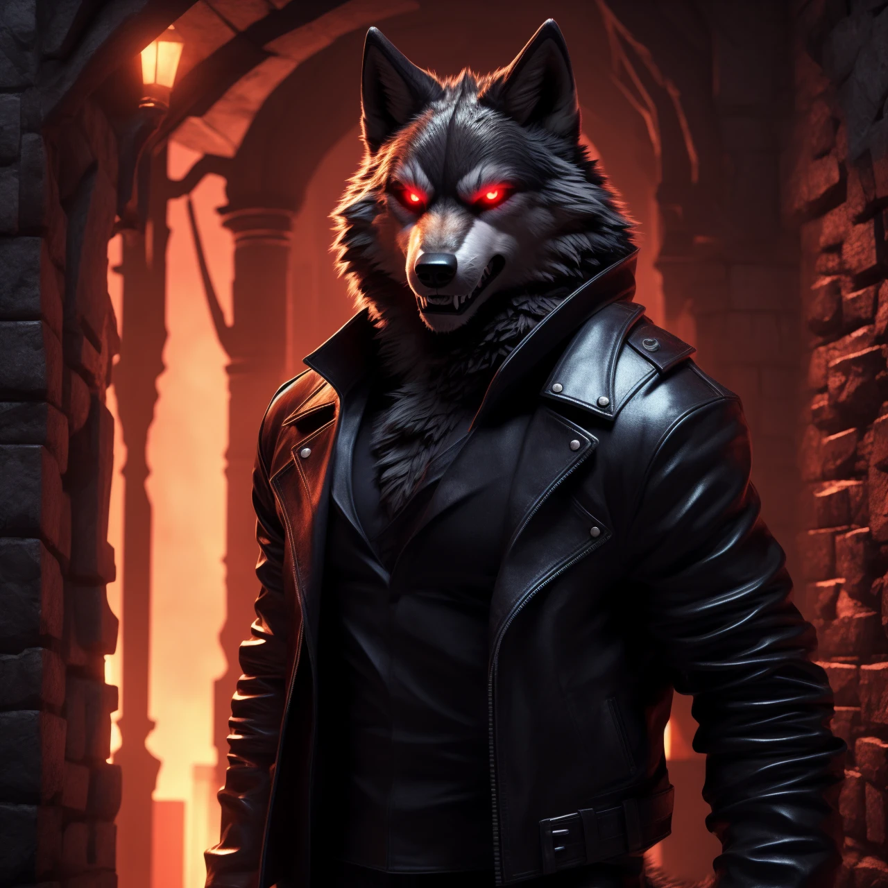 Posing, Male, 30 years old, Evil grin, black leather jacket, anthro, wolf ears, (black fur:1.5), wolf, dungeon background at night, 8k, hi res, (best quality, masterpiece), red glowing eyes, (wolf tail:1.5), detailed fur