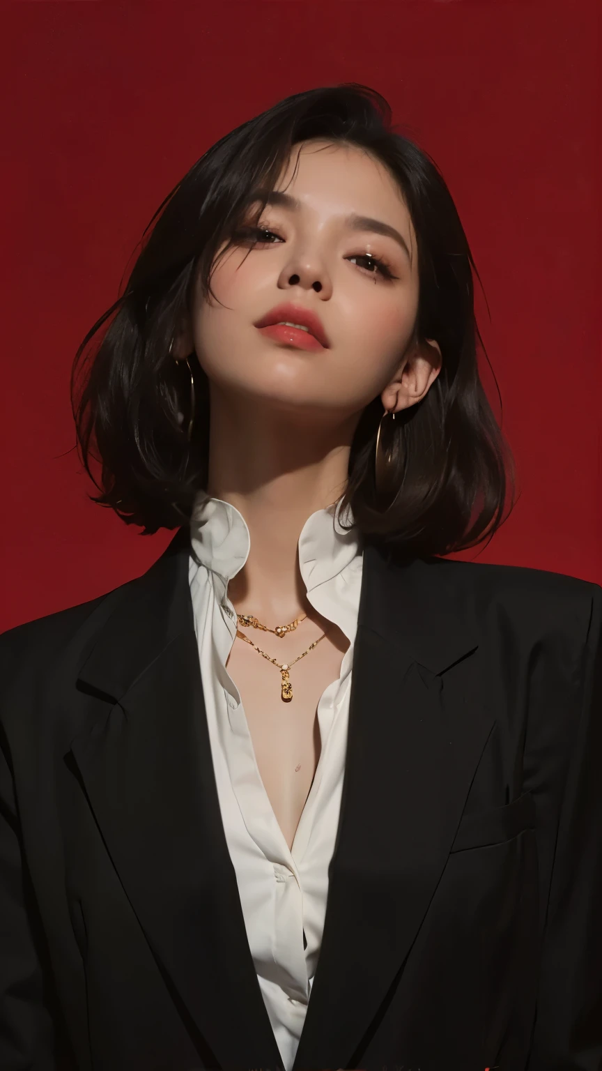 a woman with a black jacket and white shirt and gold hoop earrings, a character portrait inspired by Yanjun Cheng, trending on cg society, gothic art, artwork in the style of guweiz, digital art of an elegant, ilya kuvshinov landscape, ilya kuvshinov style, in the art style of bowater, high quality portrait