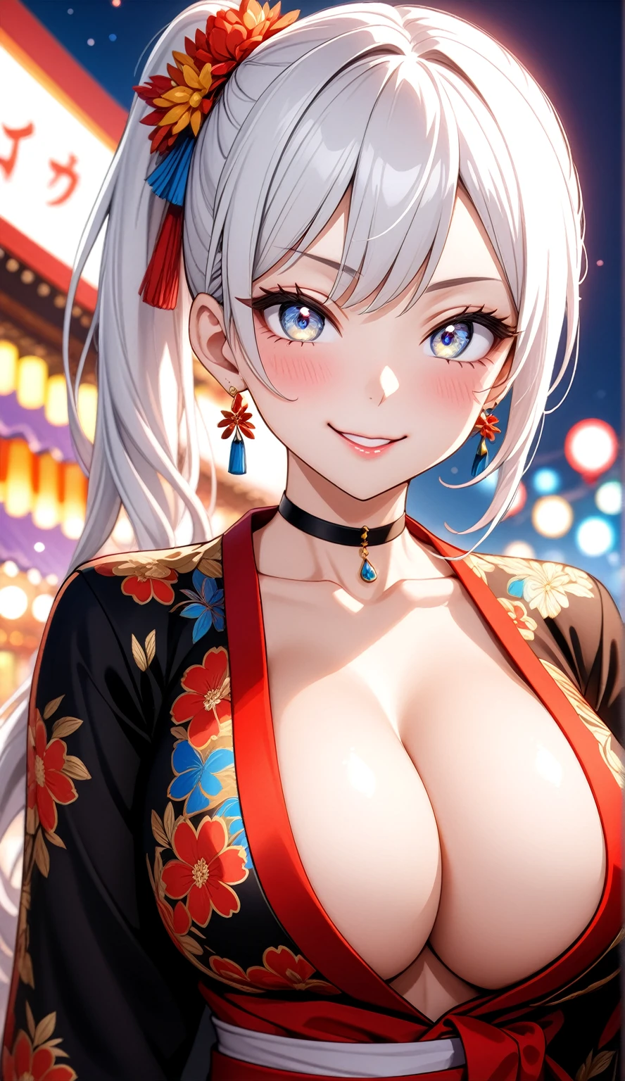 (One personの女性)), Beautiful Face, (Laughing embarrassedly), ((smirk)), ((Wink:2.0)), (head tilt:1.3), Laugh with your mouth wide open,((Bright red cheeks:1.4)),Shiny red lips, night,rooftop,Festivals, firework,Glossy red lips,Facial lighting,((Anime style background)),masterpiece, Highest quality, so beautiful,up to date, Complex details, (Pink long nails), (ring),(bracelet),(choker),AI-generated, Complex,High resolution, Highest quality, super high quality,3D Images、3D Images,One person,Long white hair in a high side ponytail,(blue eyes),  ((Fine grain、Silvery white colorful eyes、Shining Eyes:1.4)), (Squint your eyes:1.1), 写真のポーズをとるAnime Women, a hyperRealistic , hyperRealistic , Realistic,Anime Women, Smooth anime CG art, A woman in a colorful kimono with gold embroidery, (Black long sleeve kimono),  Red floral pattern,Long flower hair ornament,Earrings,Mature Body,(Big Breasts:1.1),Tall,Narrow waist,(Zoom in on face:1.4),