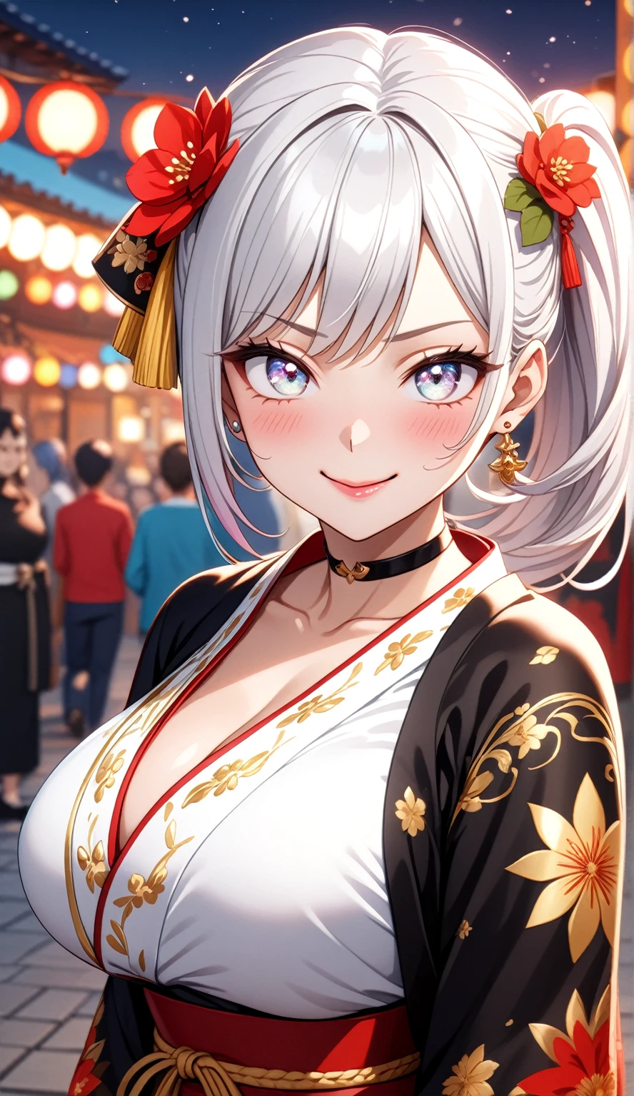 (One personの女性)), Beautiful Face, (Laughing embarrassedly), ((smirk)), ((Wink:2.0)), (head tilt:1.3), Laugh with your mouth wide open,((Bright red cheeks:1.4)),Shiny red lips, night,rooftop,Festivals, firework,Glossy red lips,Facial lighting,((Anime style background)),masterpiece, Highest quality, so beautiful,up to date, Complex details, (Pink long nails), (ring),(bracelet),(choker),AI-generated, Complex,High resolution, Highest quality, super high quality,3D Images、3D Images,One person,Long white hair in a high side ponytail,(blue eyes), ((Fine grain、Silvery white colorful eyes、Shining Eyes:1.4)), (Squint your eyes:1.1), 写真のポーズをとるAnime Women, a hyperRealistic , hyperRealistic , Realistic,Anime Women, Smooth anime CG art, A woman in a colorful kimono with gold embroidery, (Black long sleeve kimono), Red floral pattern,Long flower hair ornament,Earrings,Mature Body,(Big Breasts:1.1),Tall,Narrow waist,(Zoom in on face:1.4),