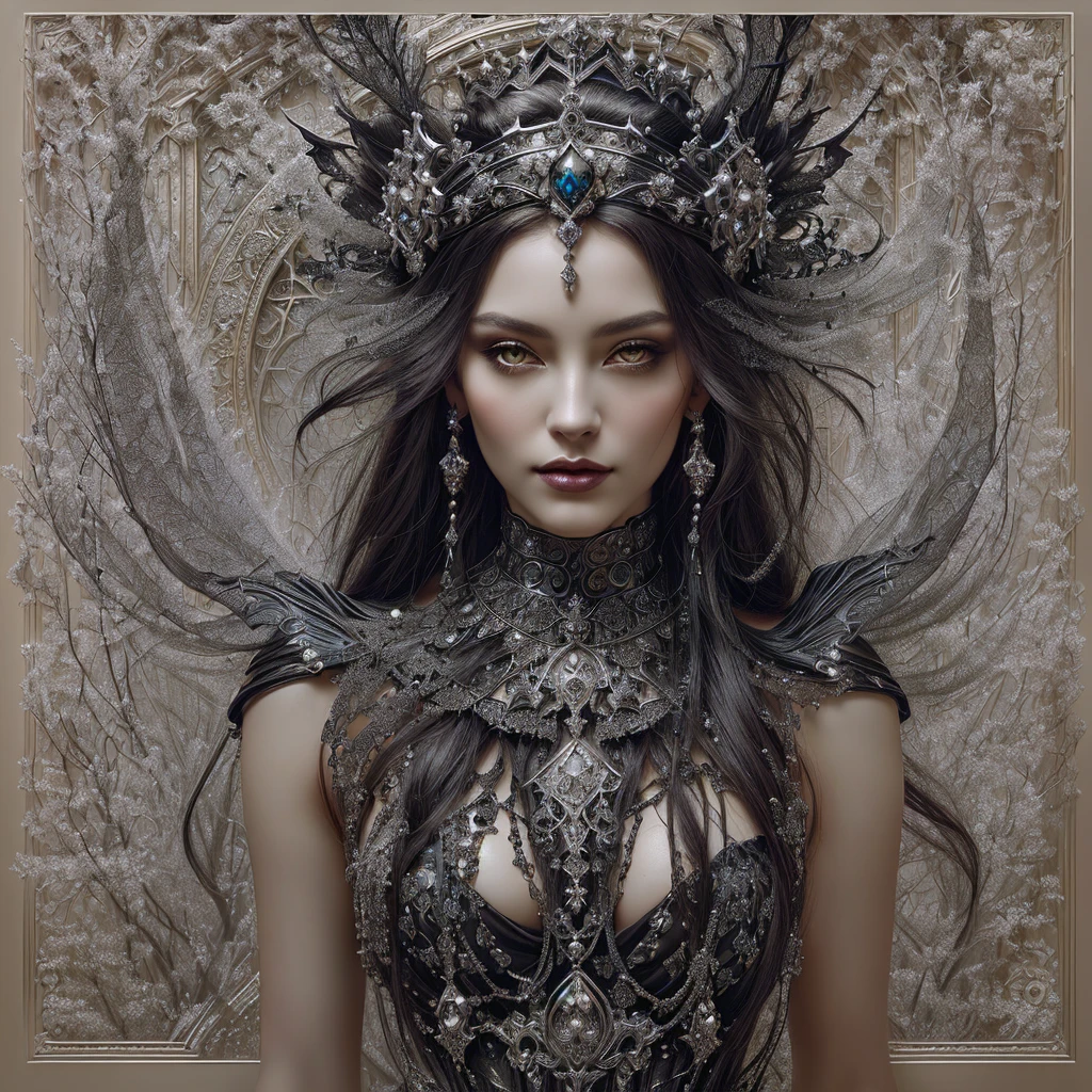 a close up of a woman wearing a crown and a dress, goddess. extremely high detail, portrait of a dark goddess, gothic fantasy art, beautiful elegant demon queen, intricate wlop, dark fantasy style art, detailed matte fantasy portrait, karol bak uhd, ((a beautiful fantasy empress)), digital fantasy art ), portrait of a dark fantasy nymph
