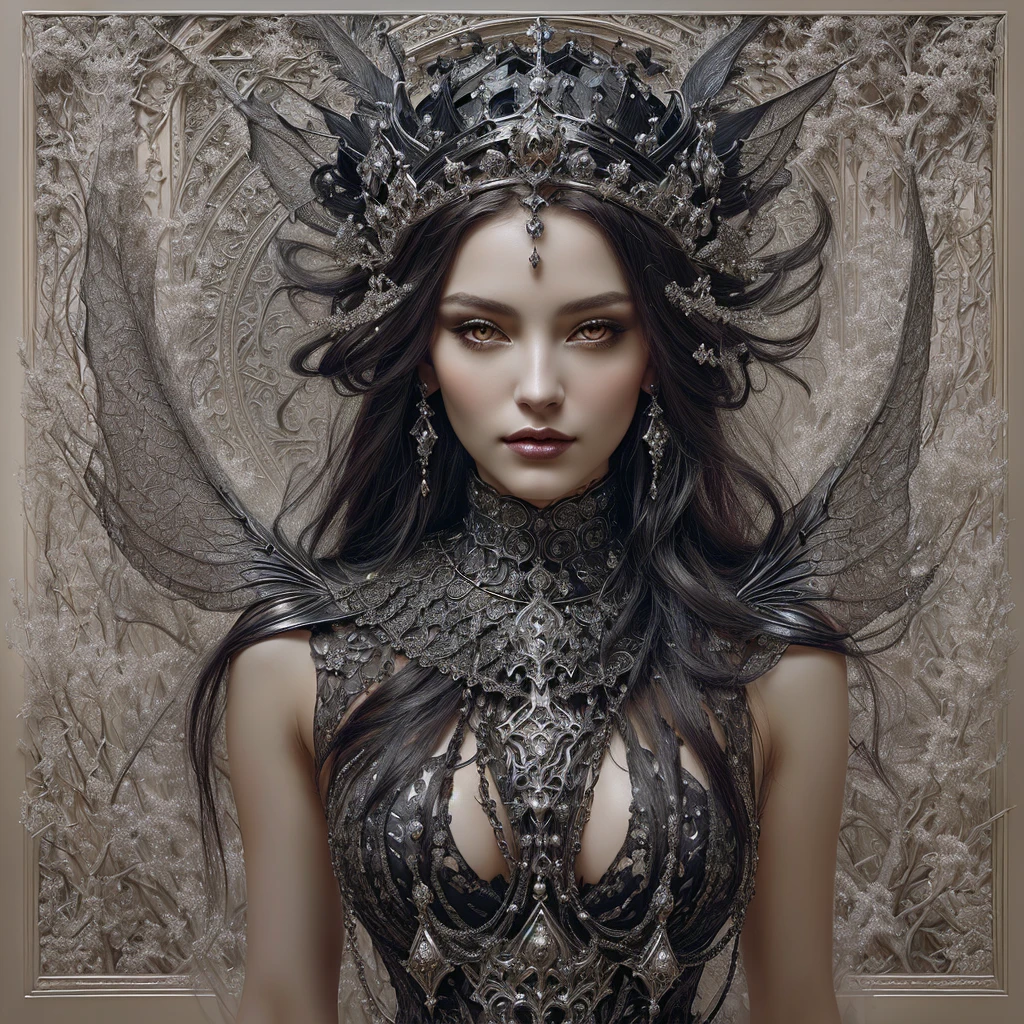 a close up of a woman wearing a crown and a dress, goddess. extremely high detail, portrait of a dark goddess, gothic fantasy art, beautiful elegant demon queen, intricate wlop, dark fantasy style art, detailed matte fantasy portrait, karol bak uhd, ((a beautiful fantasy empress)), digital fantasy art ), portrait of a dark fantasy nymph