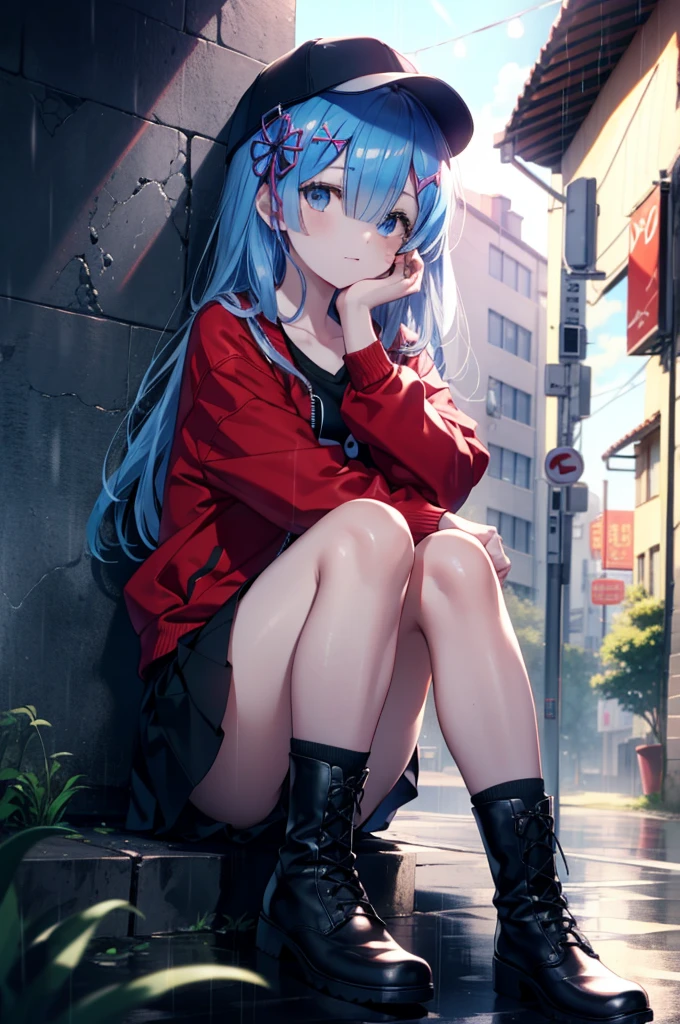 rezeroRem, Rem, blue eyes, Blue Hair, hair ornaments, Hair on one eye, hair ribbon, Long Hair, x hair ornaments,Baseball cap,Riders jacket　Open front,red v neck t shirt,mini skirt,Black knee socks,short boots,Sitting leaning against a wall,rain,Cloudy,Hiding under a roof,whole bodyがイラストに入るように,
break outdoors, Alley,
break looking at viewer, whole body,
break (masterpiece:1.2), Highest quality, High resolution, unity 8k wallpaper, (figure:0.8), (Beautiful attention to detail:1.6), extRemely detailed face, Perfect lighting, extRemely detailed CG, (Perfect hands, Perfect Anatomy),